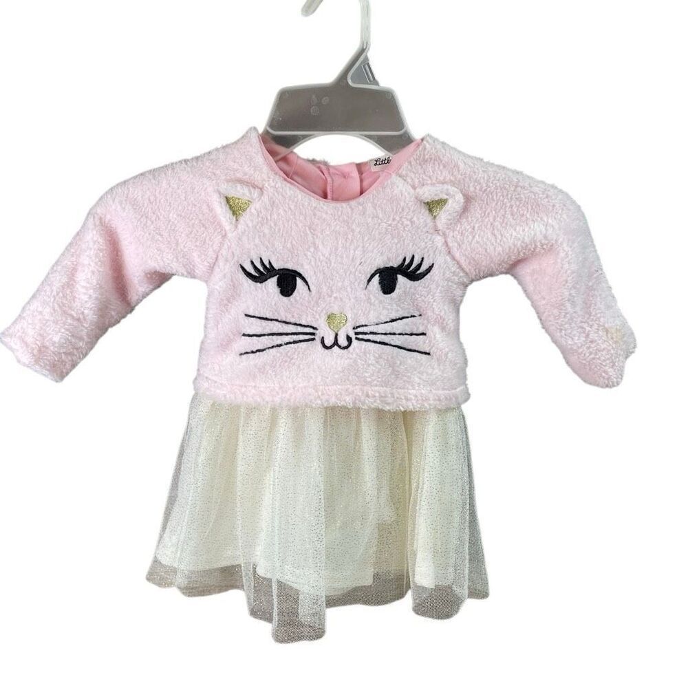 Little Lass Girl Dress Pink White Gold Sparkles Tutu 1pc Fuzzy Kitty Cat Top 12M